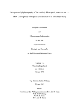 Phylogeny and Phylogeography of the Caddisfly Rhyacophila Pubescens, PICTET 1834, (Trichoptera), with Special Consideration of I