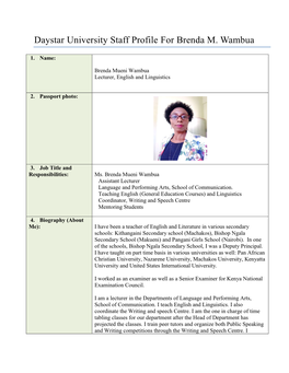Daystar University Staff Profile for Brenda M. Wambua