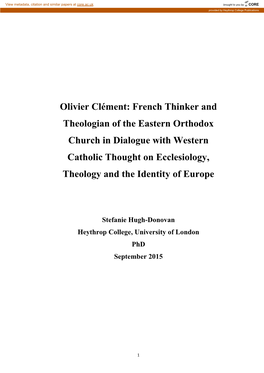 Olivier Clément: French Thinker and Theologian of the Eastern Orthodox Church in Dialogue with Western Catholic Thought on Ecclesiology