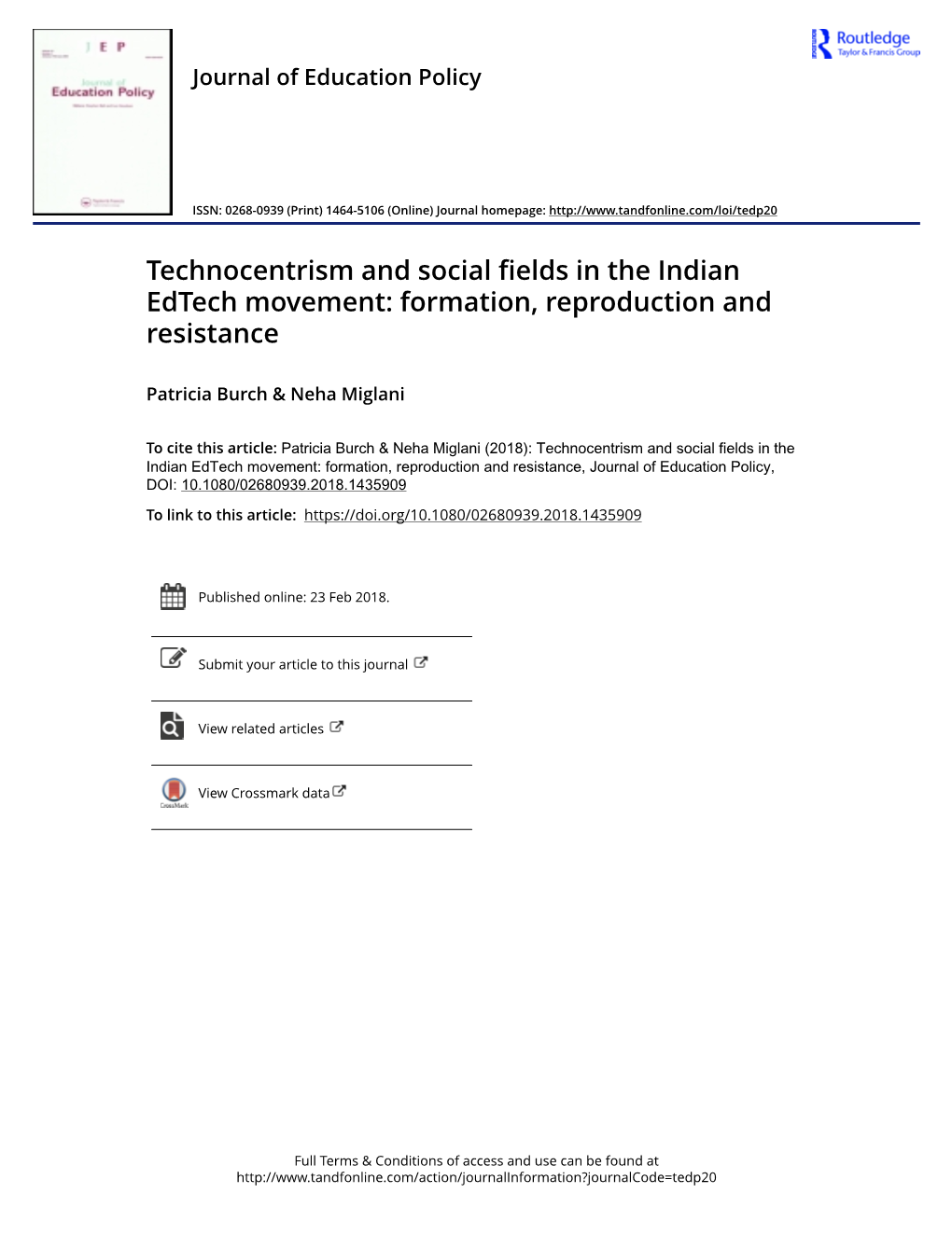 Technocentrism and Social Fields in the Indian Edtech Movement: Formation, Reproduction and Resistance