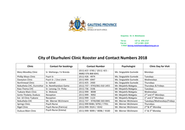 City of Ekurhuleni Clinic Rooster and Contact Numbers 2018
