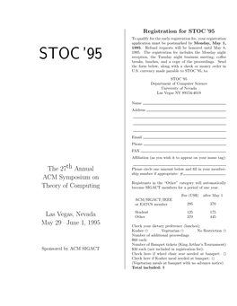 STOC ’95 to Qualify for the Early Registration Fee, Your Registration Application Must Be Postmarked by Monday, May 1, 1995