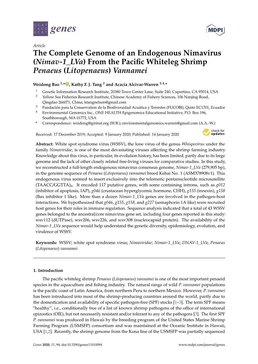 The Complete Genome of an Endogenous Nimavirus (Nimav-1 Lva) from the Pacific Whiteleg Shrimp Penaeus (Litopenaeus) Vannamei