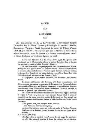 G. DUMEZIL Summanus, Vacuna », Studi Linguistici in Onore Di V