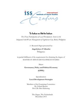To Induce Or Not to Induce: the (Non) Participation of Local Development Actors in the Integrated Solid Waste Management of Tagbilaran City, Bohol, Philippines
