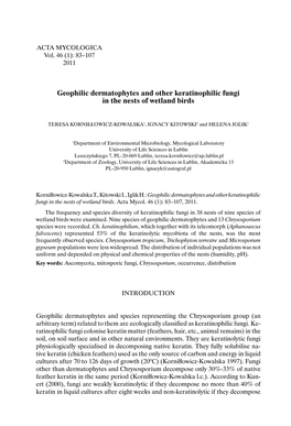 Geophilic Dermatophytes and Other Keratinophilic Fungi in the Nests of Wetland Birds