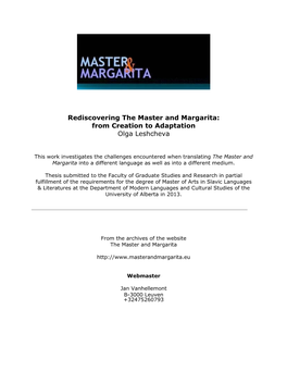 Rediscovering the Master and Margarita: from Creation to Adaptation Olga Leshcheva