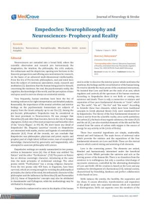 Empedocles: Neurophilosophy and Neurosciences- Prophecy and Reality