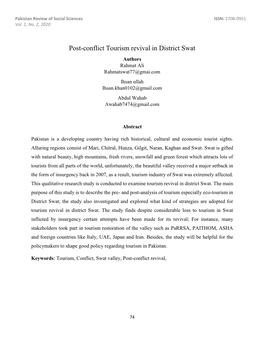 Post-Conflict Tourism Revival in District Swat Authors Rahmat Ali Rahmatswat77@Gmai.Com Ihsan Ullah Ihsan.Khan0102@Gmail.Com Abdul Wahab Awahab7474@Gmail.Com