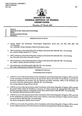 SENATE of the FEDERAL REPUBLIC of NIGERIA ORDER PAPER Thursday, 12Th March, 2020