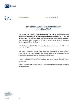 PPF Obtains EUR 1.150 Billion Financing for Acquisition of CME