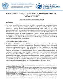 United Nations Joint Human Rights Office in the Democratic Republic of the Congo (Unjhro) Monusco – Ohchr
