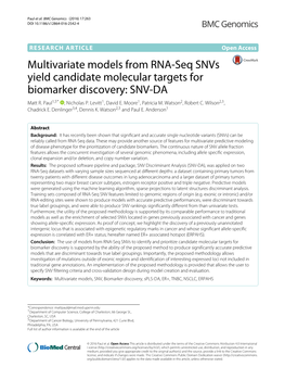 Multivariate Models from RNA-Seq Snvs Yield Candidate Molecular Targets for Biomarker Discovery: SNV-DA Matt R