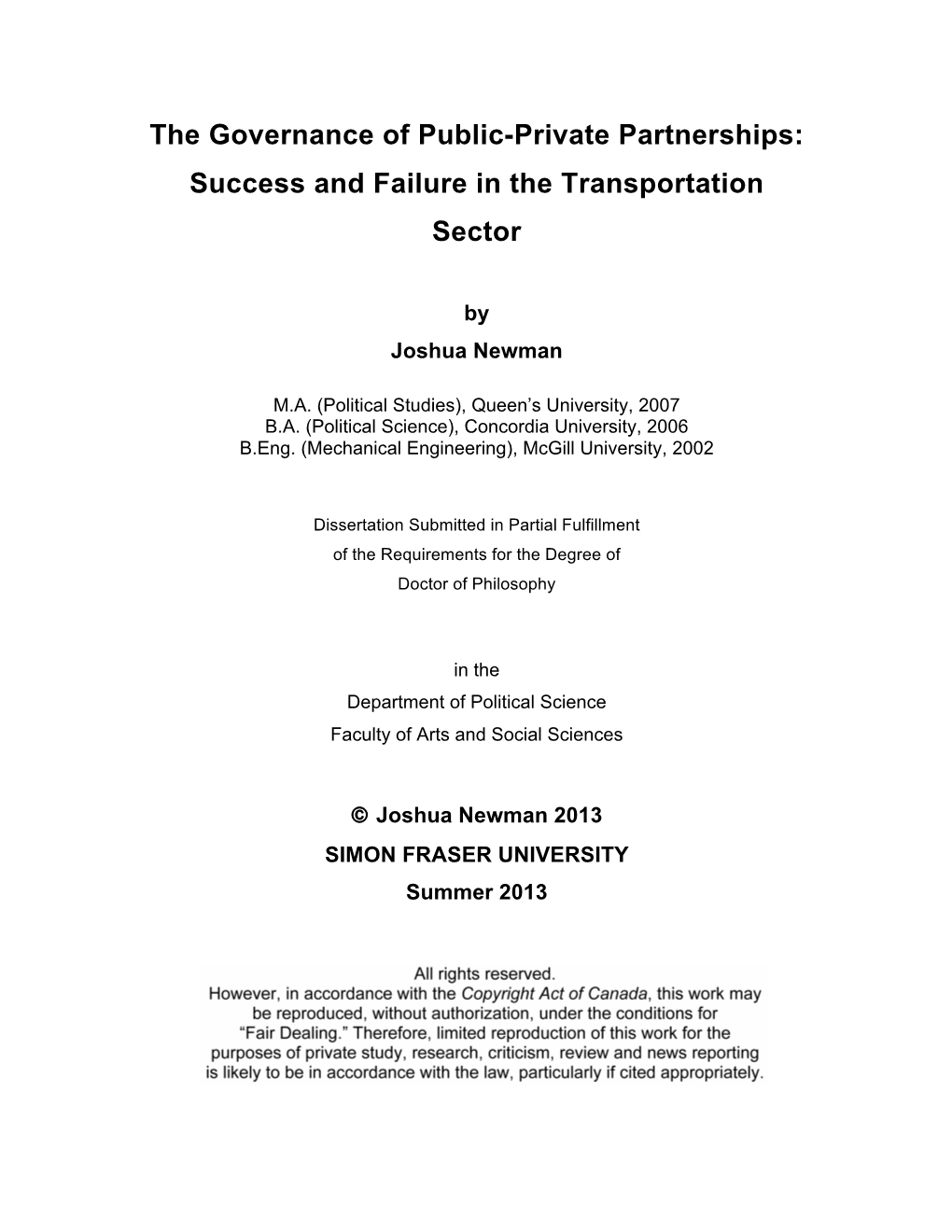 The Governance of Public-Private Partnerships: Success and Failure in the Transportation Sector