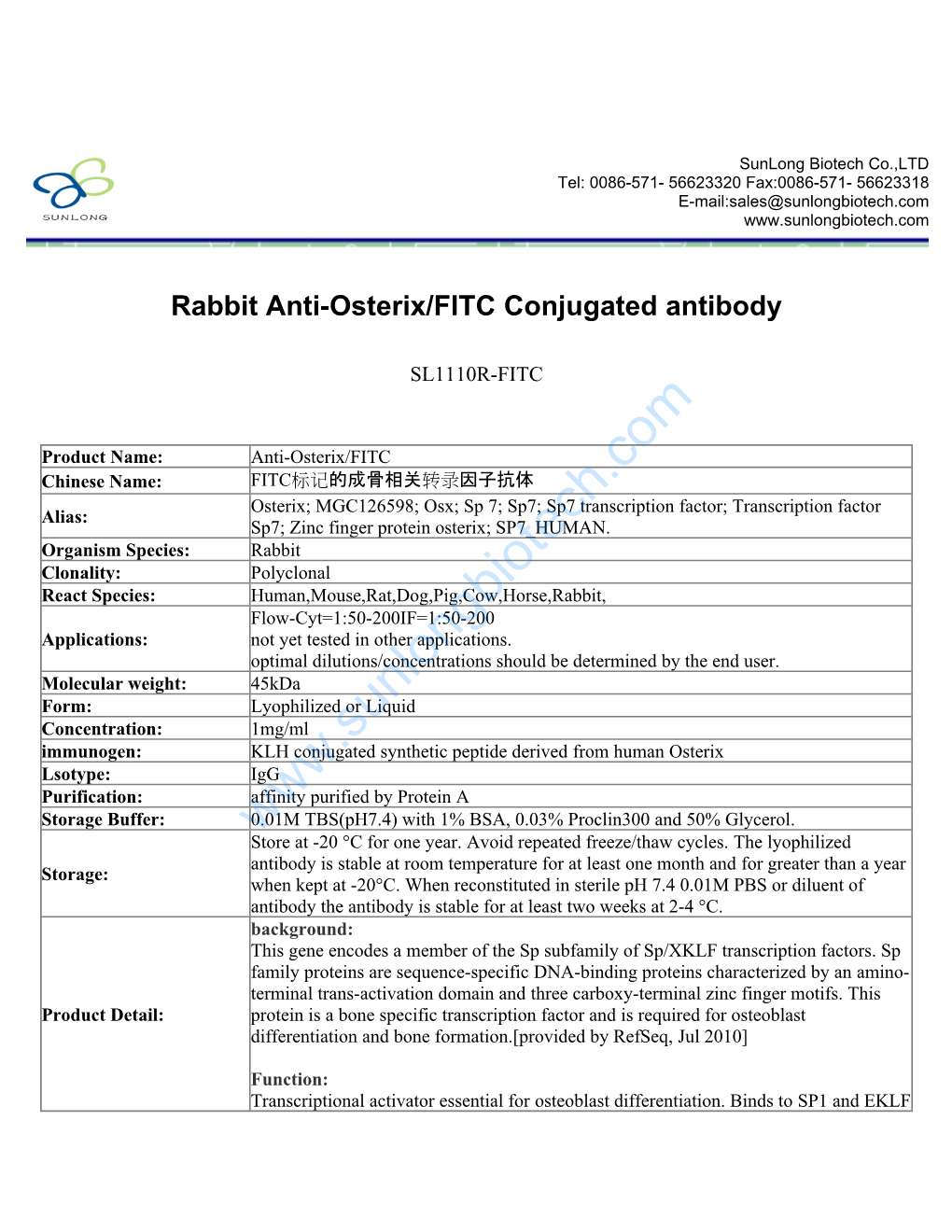 Rabbit Anti-Osterix/FITC Conjugated Antibody-SL1110R-FITC