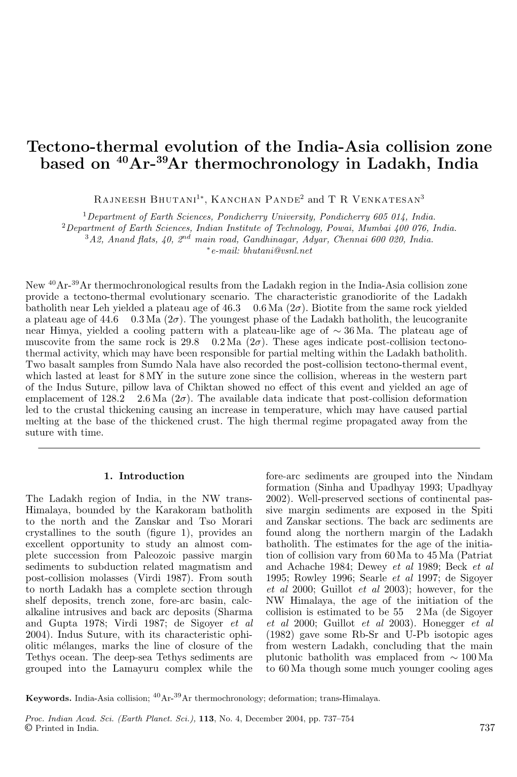 Tectono-Thermal Evolution of the India-Asia Collision Zone Based on 40Ar-39Ar Thermochronology in Ladakh, India
