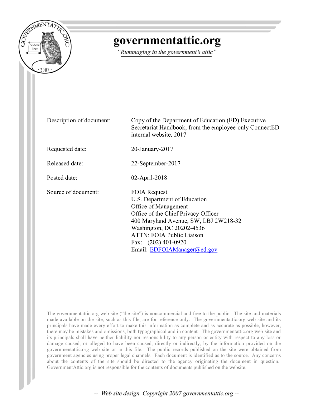 Copy of the Department of Education (ED) Executive Secretariat Handbook, from the Employee-Only Connected Internal Website