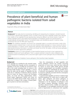 Prevalence of Plant Beneficial and Human Pathogenic Bacteria Isolated from Salad Vegetables in India Angamuthu Nithya and Subramanian Babu*