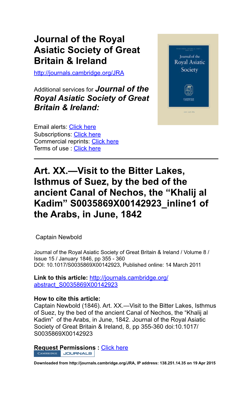 Art. XX.—Visit to the Bitter Lakes, Isthmus of Suez, by The