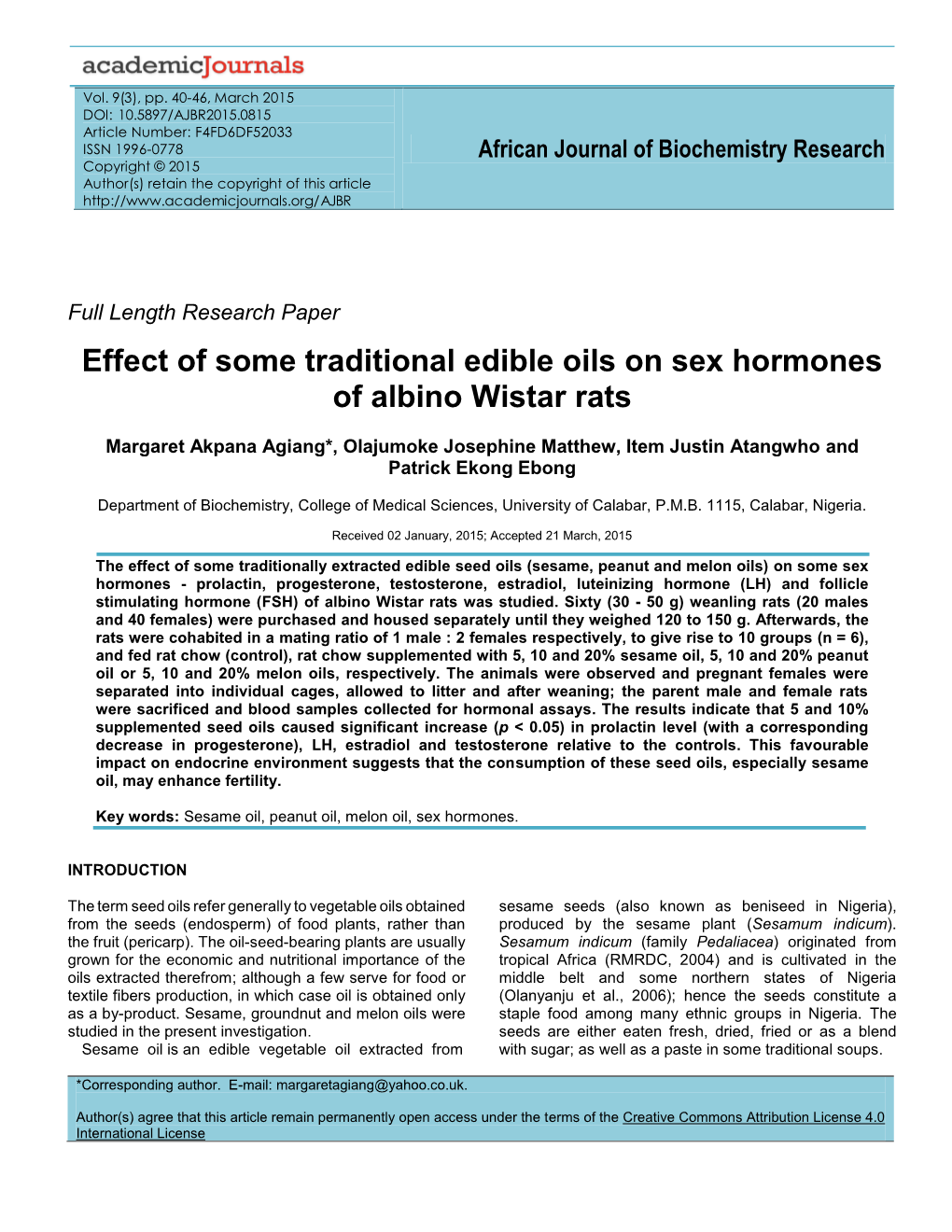 Effect of Some Traditional Edible Oils on Sex Hormones of Albino Wistar Rats