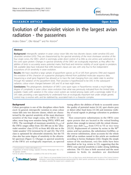 Evolution of Ultraviolet Vision in the Largest Avian Radiation - the Passerines Anders Ödeen1*, Olle Håstad2,3 and Per Alström4