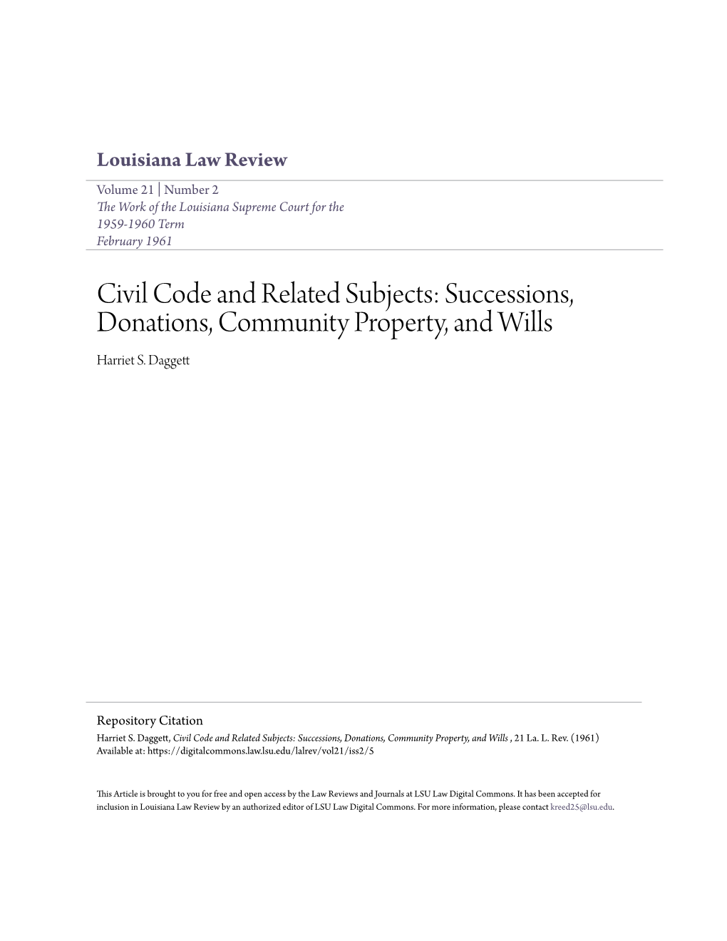 Civil Code and Related Subjects: Successions, Donations, Community Property, and Wills Harriet S