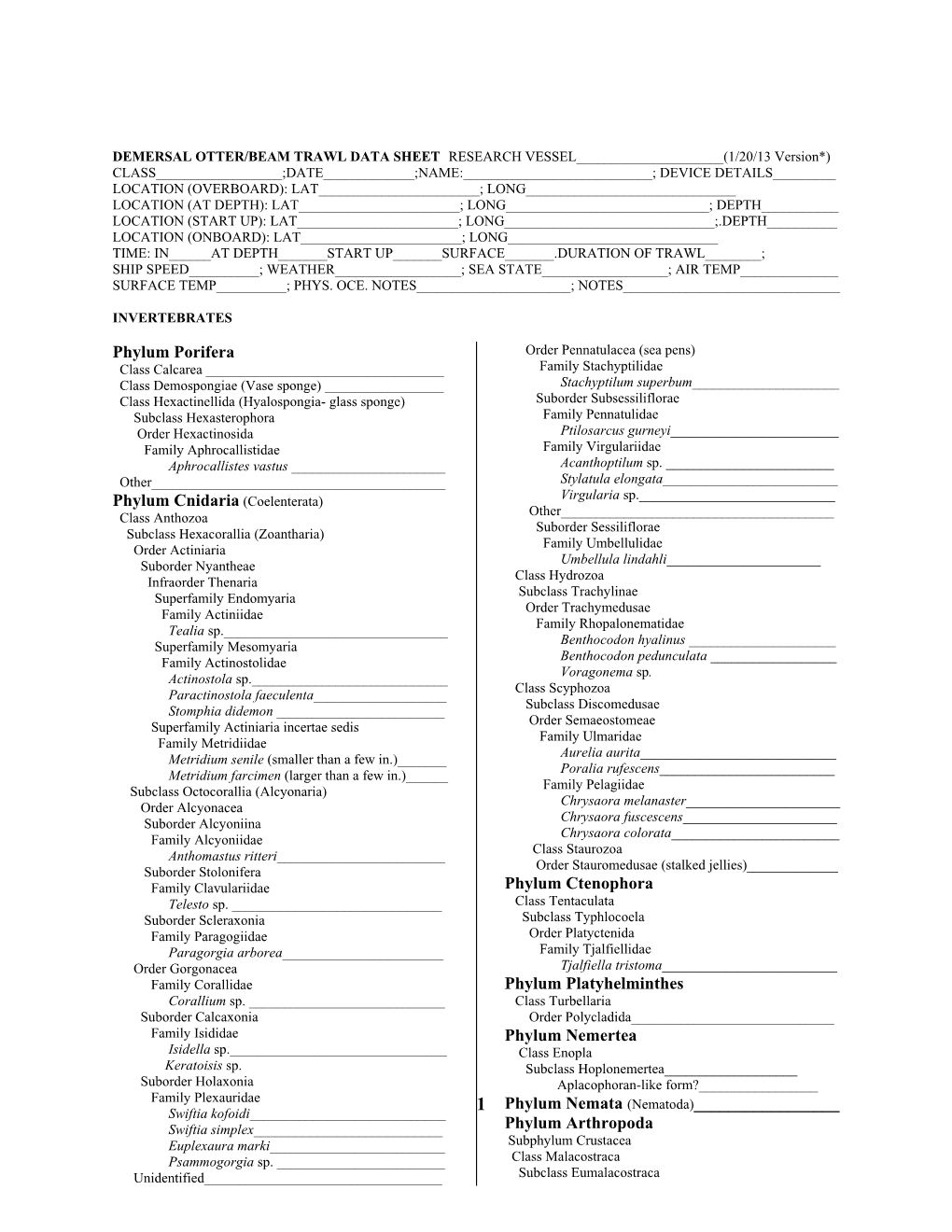 Benthic Data Sheet