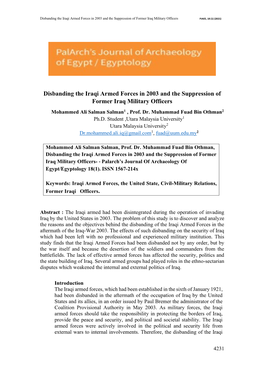 Disbanding the Iraqi Armed Forces in 2003 and the Suppression of Former Iraq Military Officers PJAEE, 18 (1) (2021)