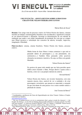 Apontamentos Sobre O Processo Criativo De Nelson Pereira Dos Santos