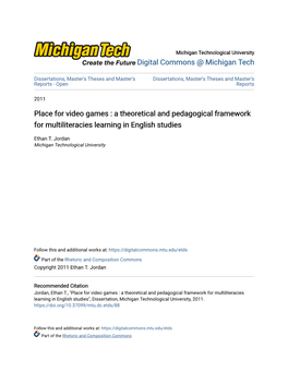 Place for Video Games : a Theoretical and Pedagogical Framework for Multiliteracies Learning in English Studies