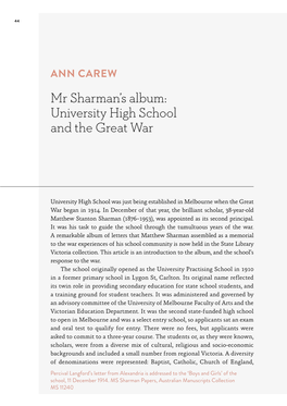 Mr Sharman's Album: University High School and the Great