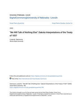 "We Will Talk of Nothing Else": Dakota Interpretations of the Treaty of 1837