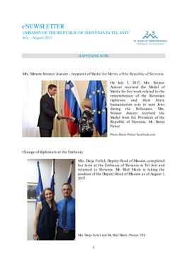 Enewsletter EMBASSY of the REPUBLIC of SLOVENIA in TEL AVIV July – August 2017