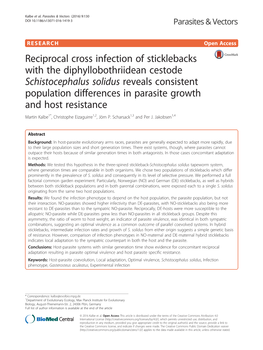 Schistocephalus Solidus Reveals Consistent Population Differences in Parasite Growth and Host Resistance Martin Kalbe1*, Christophe Eizaguirre1,2, Jörn P