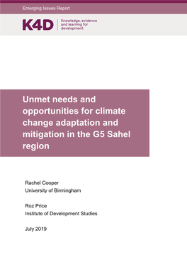 Unmet Needs and Opportunities for Climate Change Adaptation and Mitigation in the G5 Sahel Region