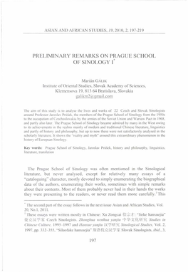 Preliminary Remarks on Prague School of Sinology I*