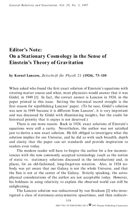On a Stationary Cosmology in the Sense of Einstein's