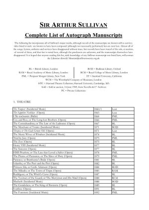 SIR ARTHUR SULLIVAN Complete List of Autograph Manuscripts