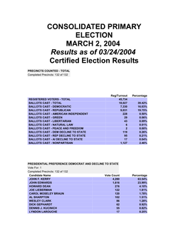 CONSOLIDATED PRIMARY ELECTION MARCH 2, 2004 Results As of 03/24/2004 Certified Election Results