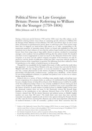 Poems Referring to William Pitt the Younger (1759-1806) Miles Johnson and A