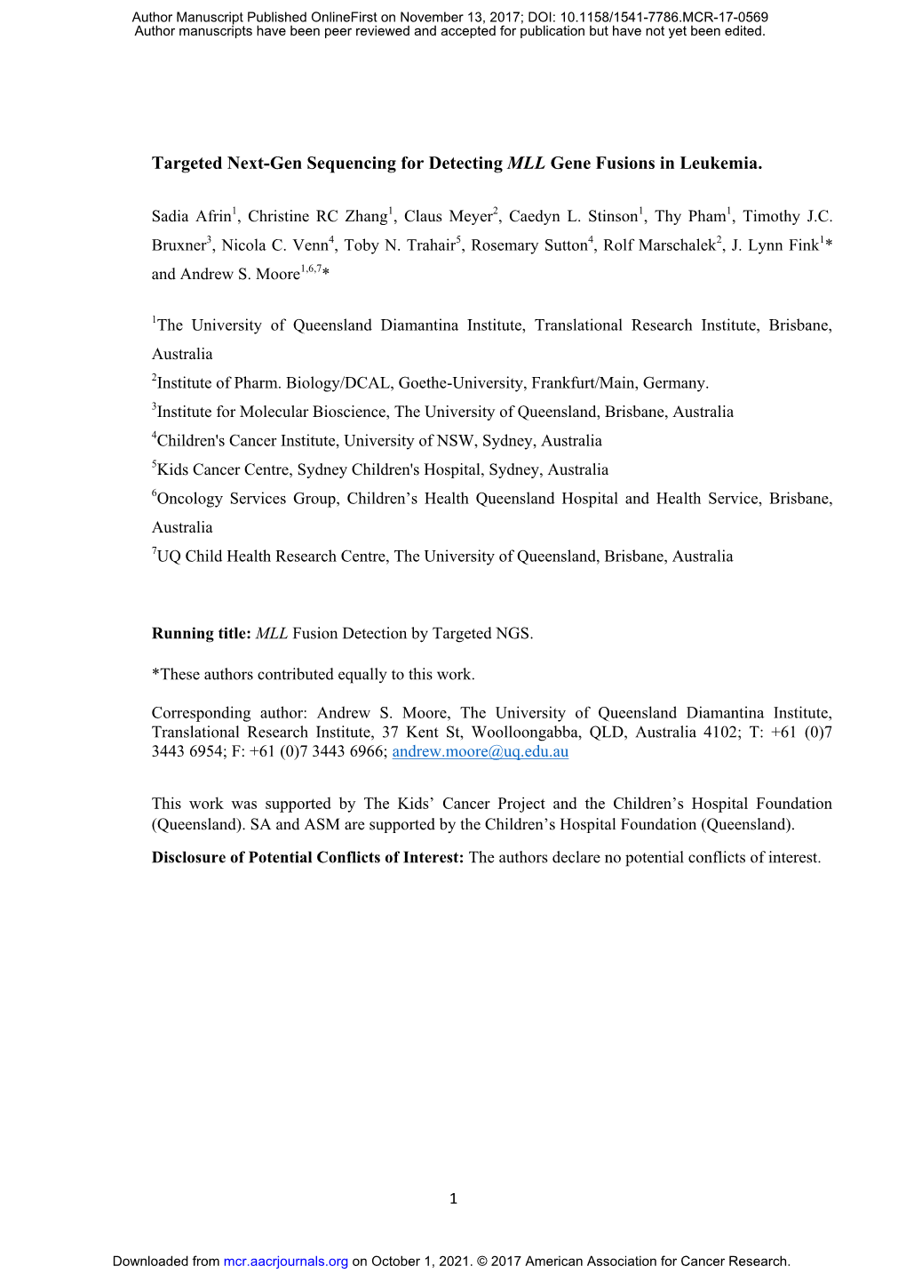 Targeted Next-Gen Sequencing for Detecting MLL Gene Fusions in Leukemia