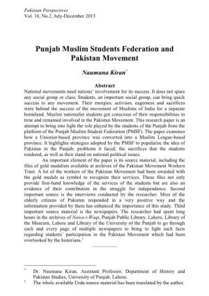 Punjab Muslim Students Federation and Pakistan Movement