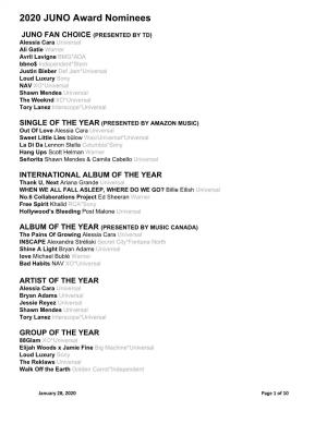2020 JUNO Award Nominees