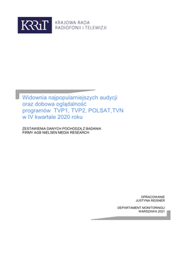 Widownia Najpopularniejszych Audycji Oraz Dobowa Oglądalność Programów TVP1, TVP2, POLSAT,TVN W IV Kwartale 2020 Roku