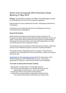 Notes from Europeade 2015 Volunteer Guide Meeting 21 May 2015