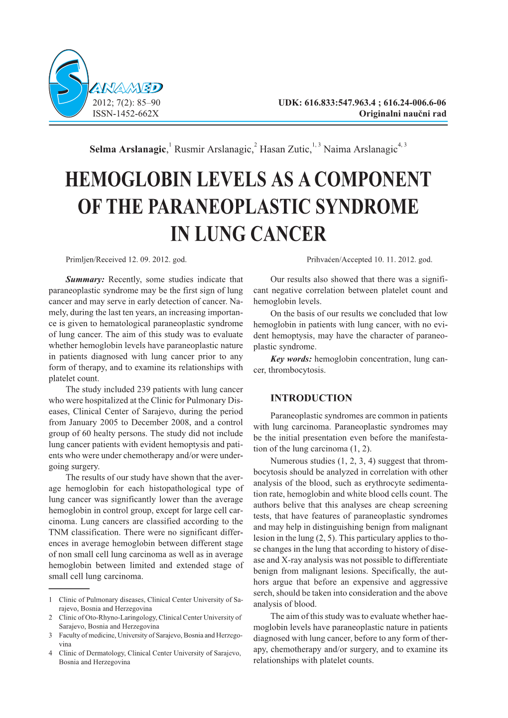 Hemoglobin Levels As A Component Of The Paraneoplastic Syndrome In Lung