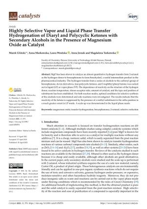 Highly Selective Vapor and Liquid Phase Transfer Hydrogenation of Diaryl and Polycyclic Ketones with Secondary Alcohols in the Presence of Magnesium Oxide As Catalyst