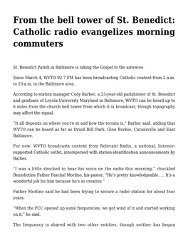 From the Bell Tower of St. Benedict: Catholic Radio Evangelizes Morning Commuters