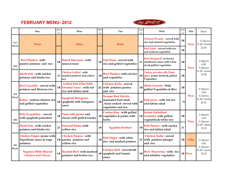 February Menu- 2012