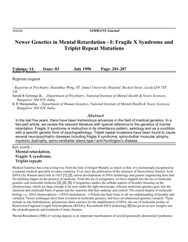 Newer Genetics in Mental Retardation - I: Fragile X Syndrome and Triplet Repeat Mutations